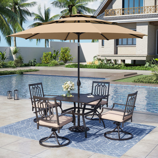 Captiva Designs 6pc Outdoor Patio Steel Dining Table & Swivel Metal Chairs & Market Umbrella