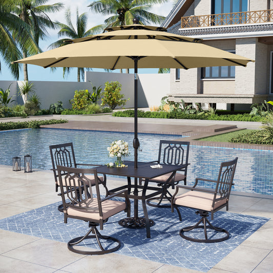Captiva Designs 6pc Outdoor Patio Steel Dining Table & Swivel Metal Chairs & Market Umbrella