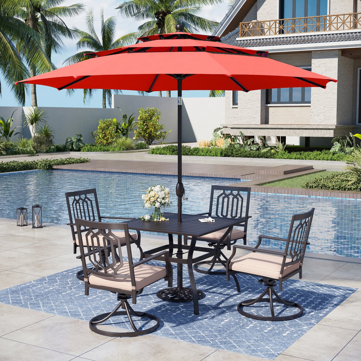Captiva Designs 6pc Outdoor Patio Steel Dining Table & Swivel Metal Chairs & Market Umbrella
