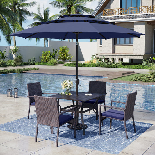 Captiva Designs 6pc Patio Slat-top Square Steel Dining Table & Rattan Chairs & Navy Blue Umbrella