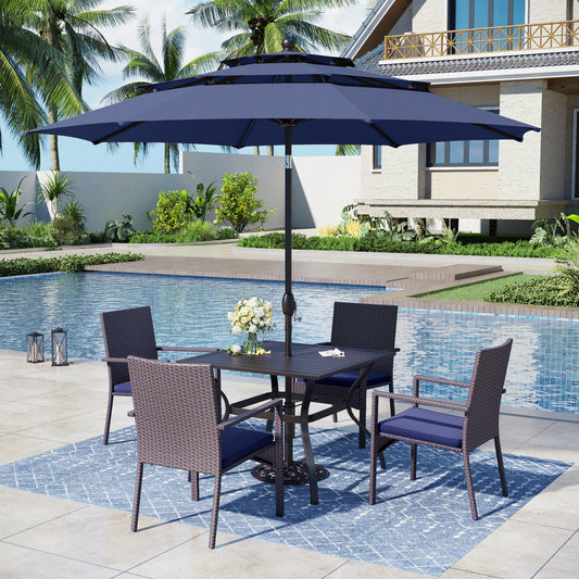 Captiva Designs 6pc Outdoor Patio Steel Dining Table & Rattan Haiti Chairs & Market Umbrella