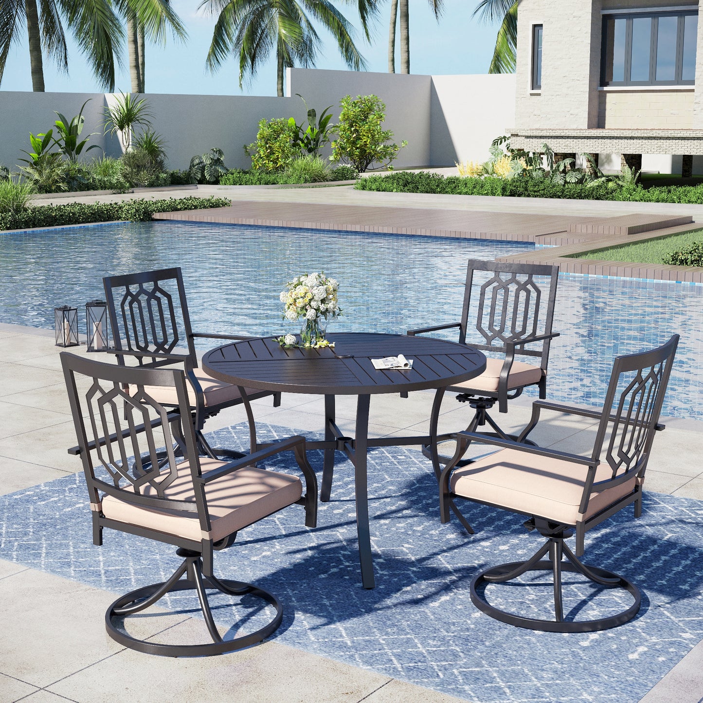 Captiva Designs 5pc Patio Dining Steel Set with Slat-top Round Table & Metal Chairs with Stylish Back