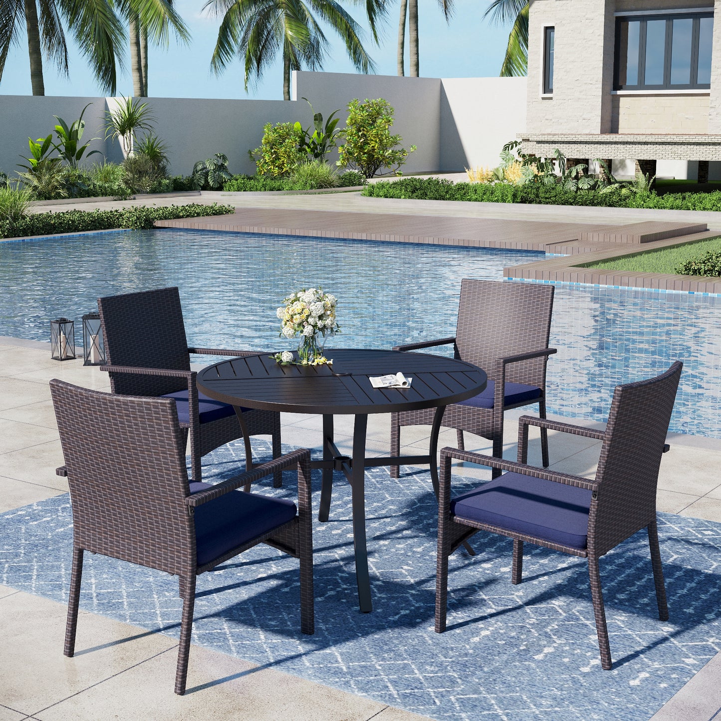 Captiva Designs 5pc Patio Dining Set Steel Frame Table with Umbrella Hole & Rattan Chairs with Removable Cushions