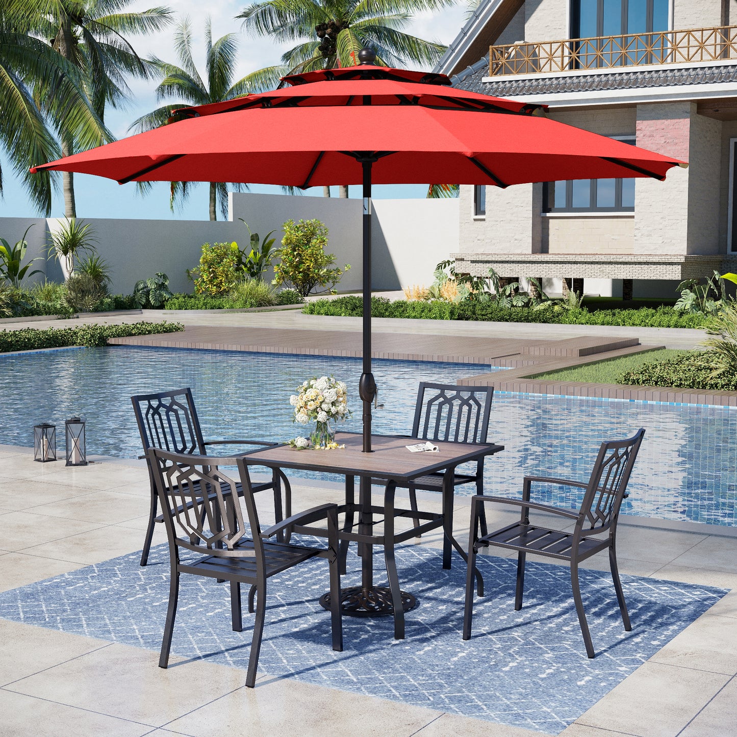 Captiva Designs 6pc Outdoor Patio Square Steel Dining Table with Stackable Metal Chairs and Market Umbrella