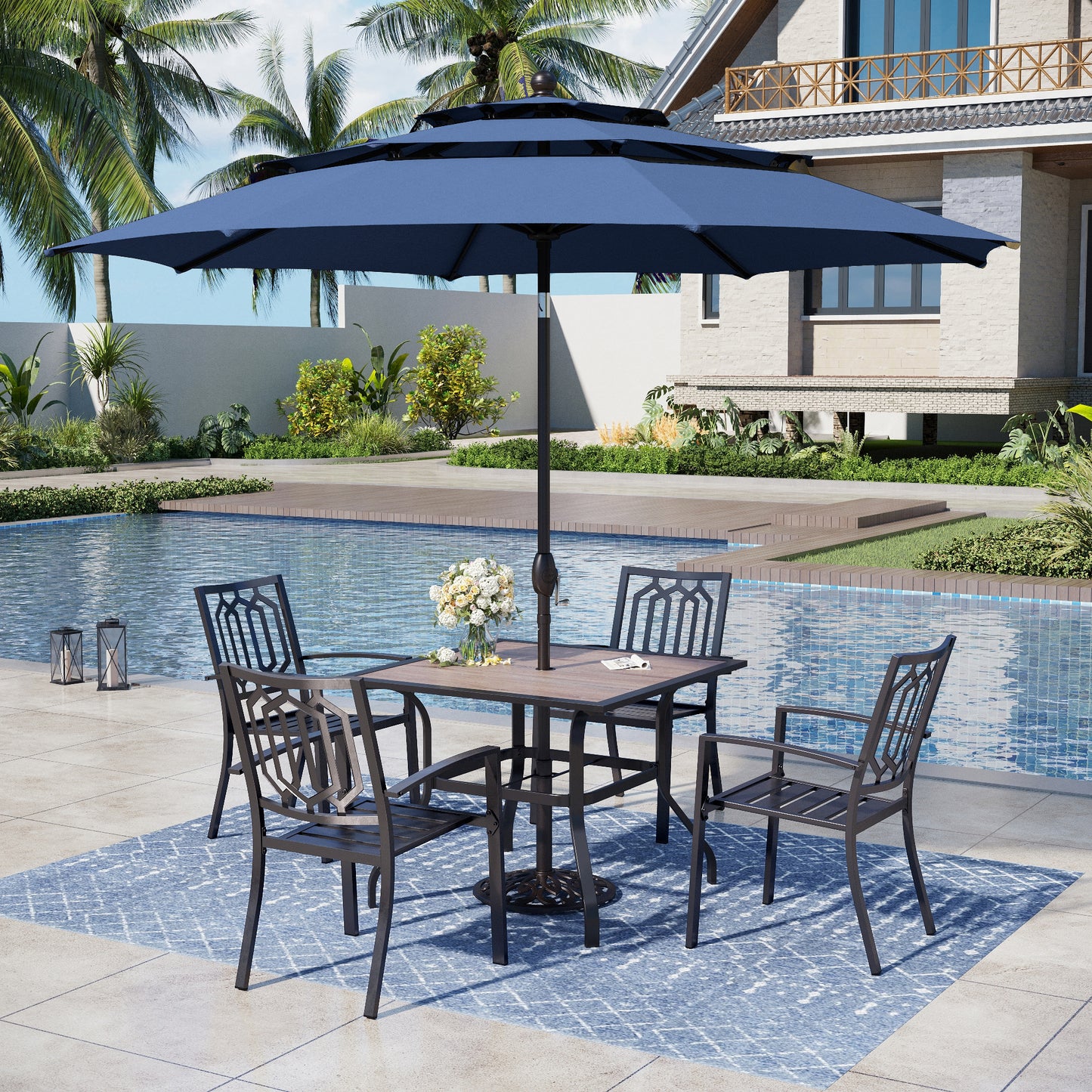 Captiva Designs 6pc Outdoor Patio Square Steel Dining Table with Stackable Metal Chairs and Market Umbrella