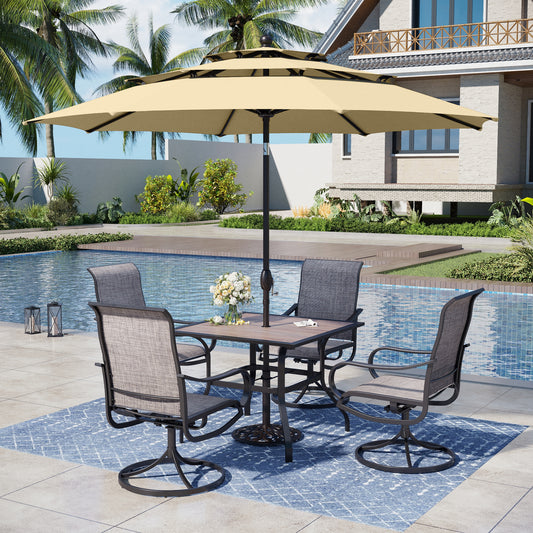 Captiva Designs 6pc Outdoor Patio Steel Frame Dining Table & Armrest Chairs & Market Umbrella
