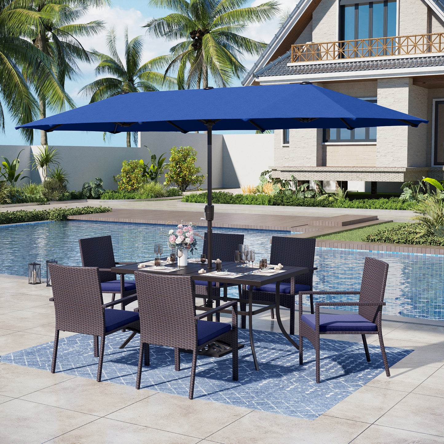 Captiva Designs 8pc Patio Slat-top Steel Dining Table & Haiti Rattan Chairs & Market Umbrella