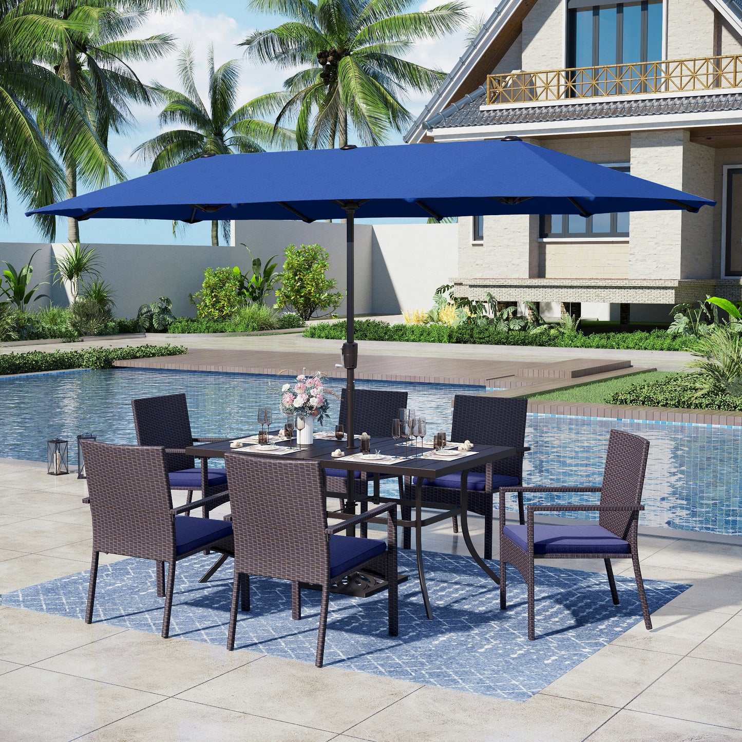 Captiva Designs 8pc Patio Slat-top Steel Dining Table & Haiti Rattan Chairs & Market Umbrella