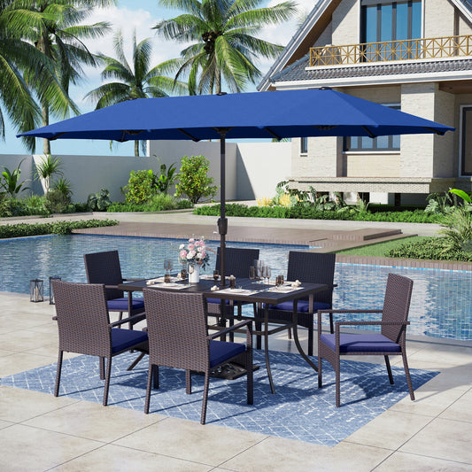 Captiva Designs 8pc Patio Slat-top Steel Dining Table & Haiti Rattan Chairs & Market Umbrella