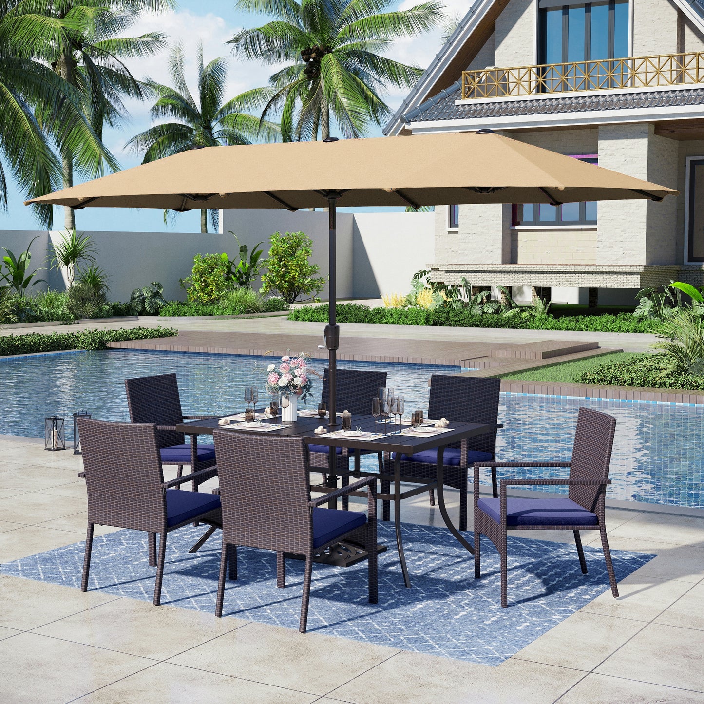Captiva Designs 8pc Patio Dining Set with Rectangular Table & Armrest Rattan Chairs & Market Umbrella