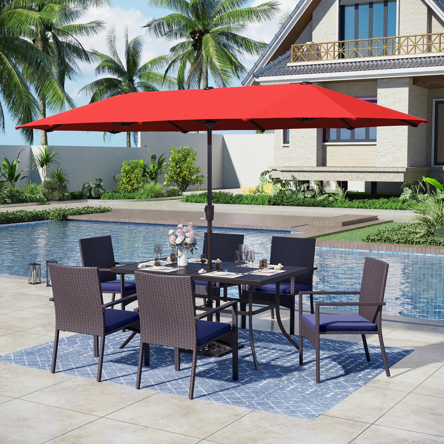 Captiva Designs 8pc Patio Slat-top Steel Dining Table & Haiti Rattan Chairs & Market Umbrella