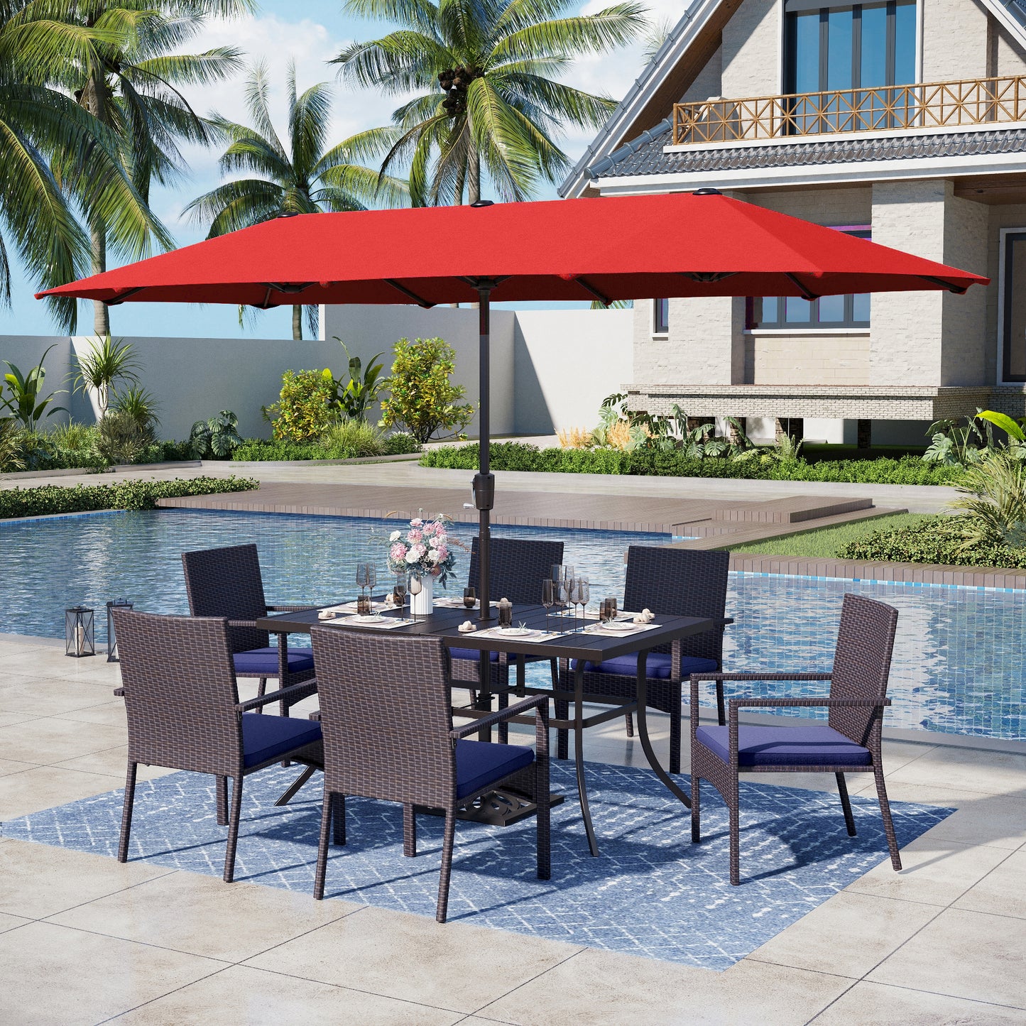 Captiva Designs 8pc Patio Slat-top Steel Dining Table & Haiti Rattan Chairs & Market Umbrella