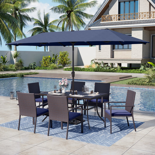Captiva Designs 8pc Patio Dining Set with Rectangular Table & Armrest Rattan Chairs & Market Umbrella