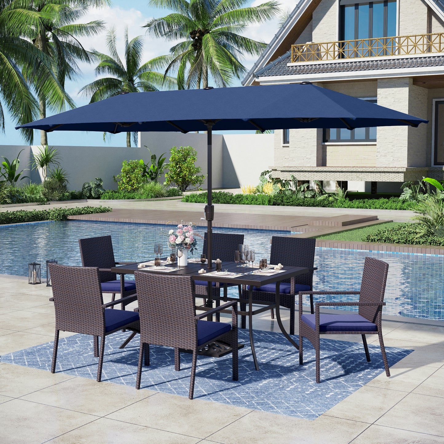 Captiva Designs 8pc Patio Dining Set with Rectangular Table & Armrest Rattan Chairs & Market Umbrella