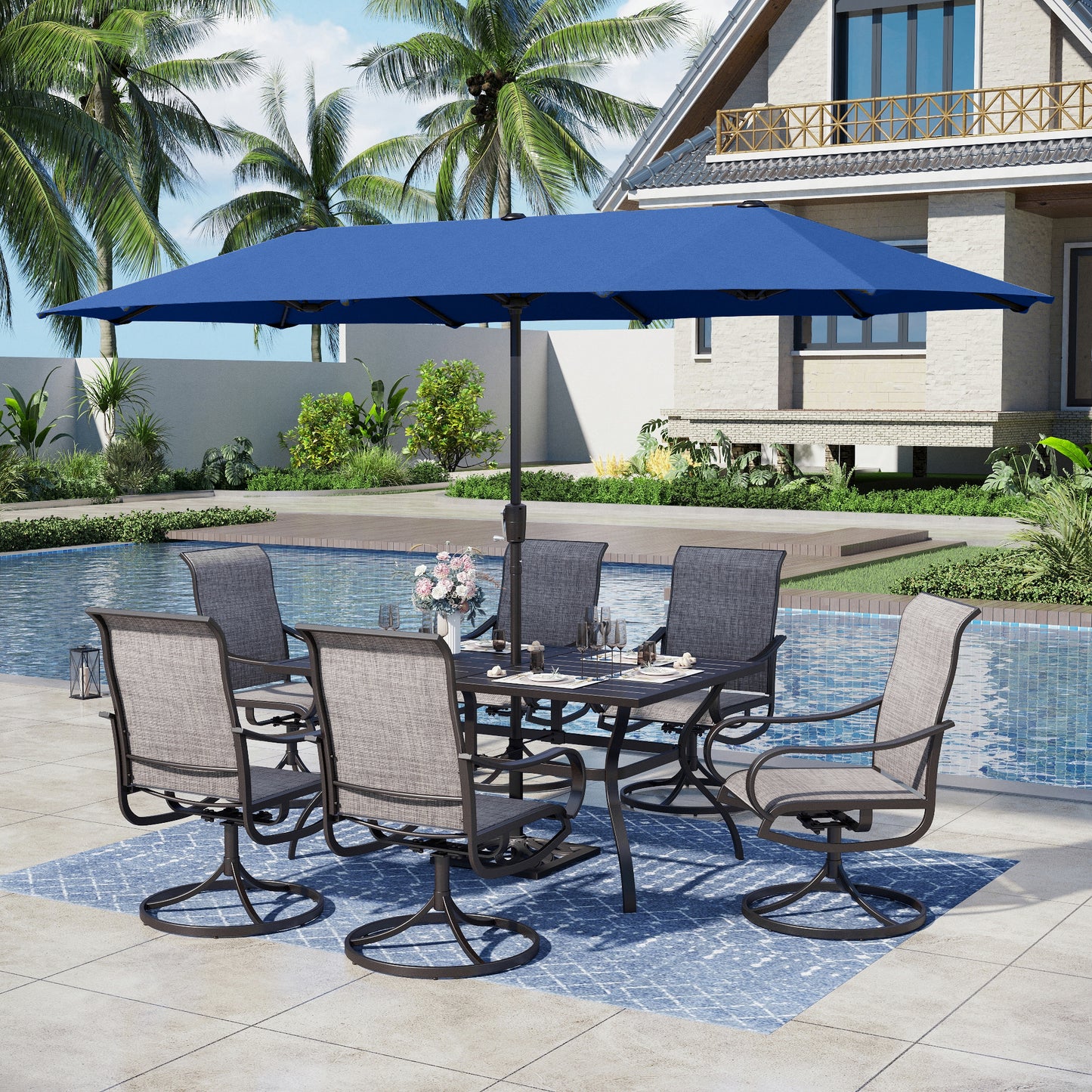 Captiva Designs 8pc Patio Steel Dining Table & Sling Swivel Chairs & Market Umbrella