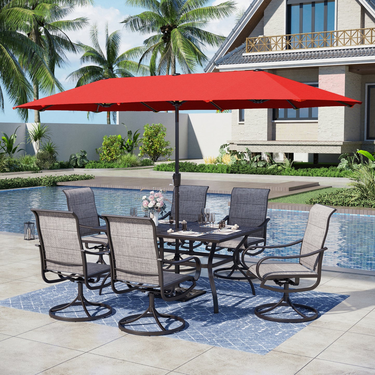 Captiva Designs 8pc Patio Steel Dining Table & Sling Swivel Chairs & Market Umbrella