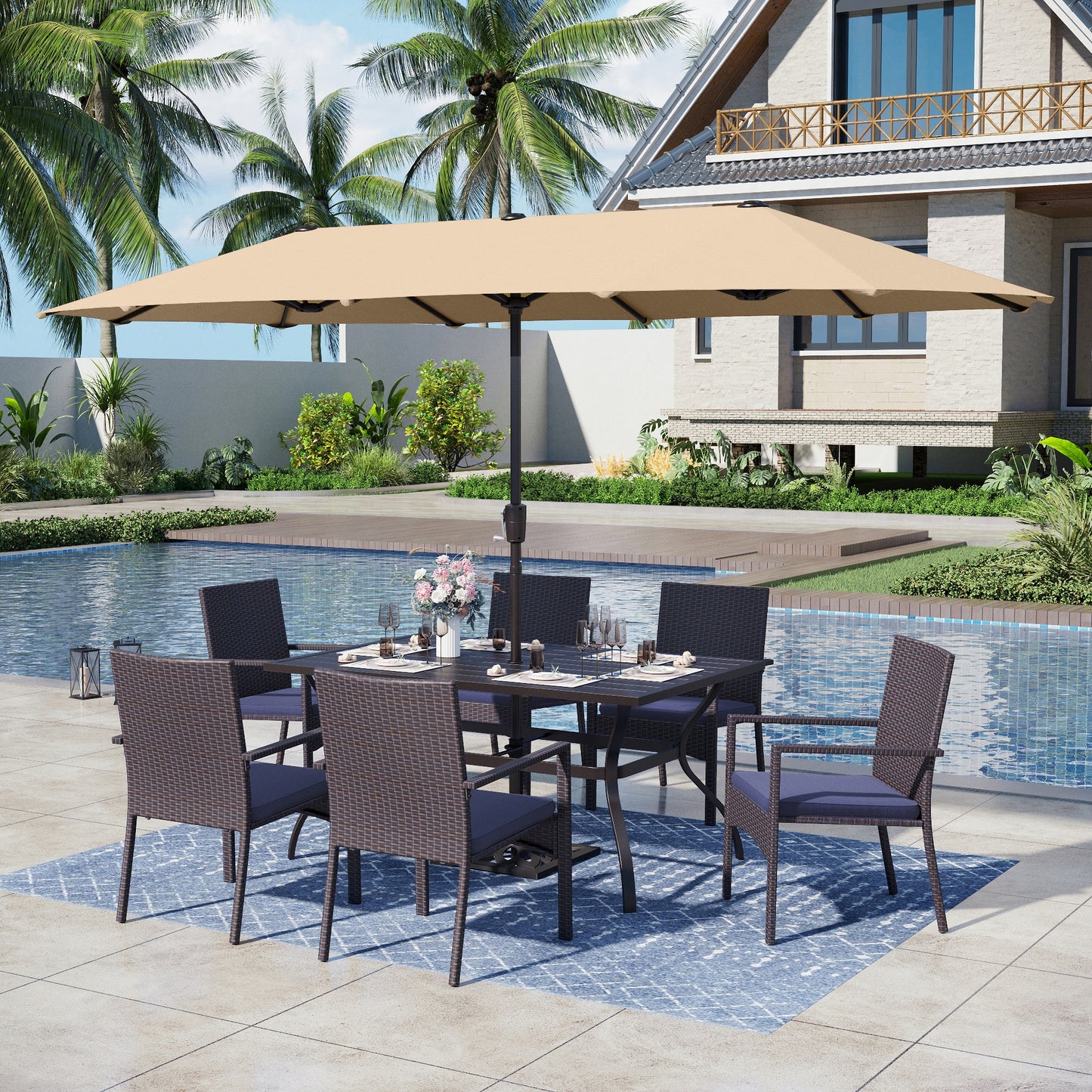 Captiva Designs 8pc Patio Dining Set with Rectangular Table & Armrest Rattan Chairs & Market Umbrella