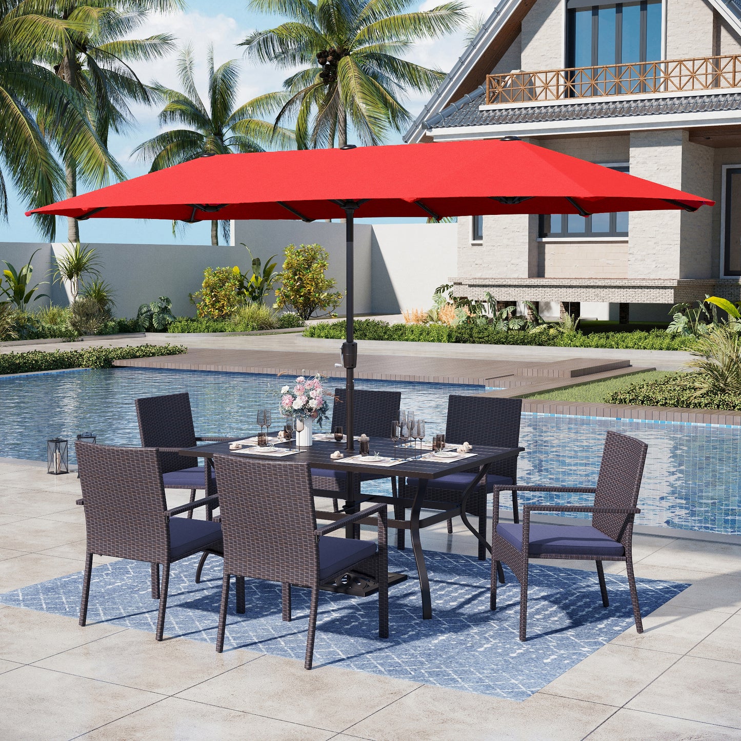 Captiva Designs 8pc Patio Slat-top Steel Dining Table & Haiti Rattan Chairs & Market Umbrella