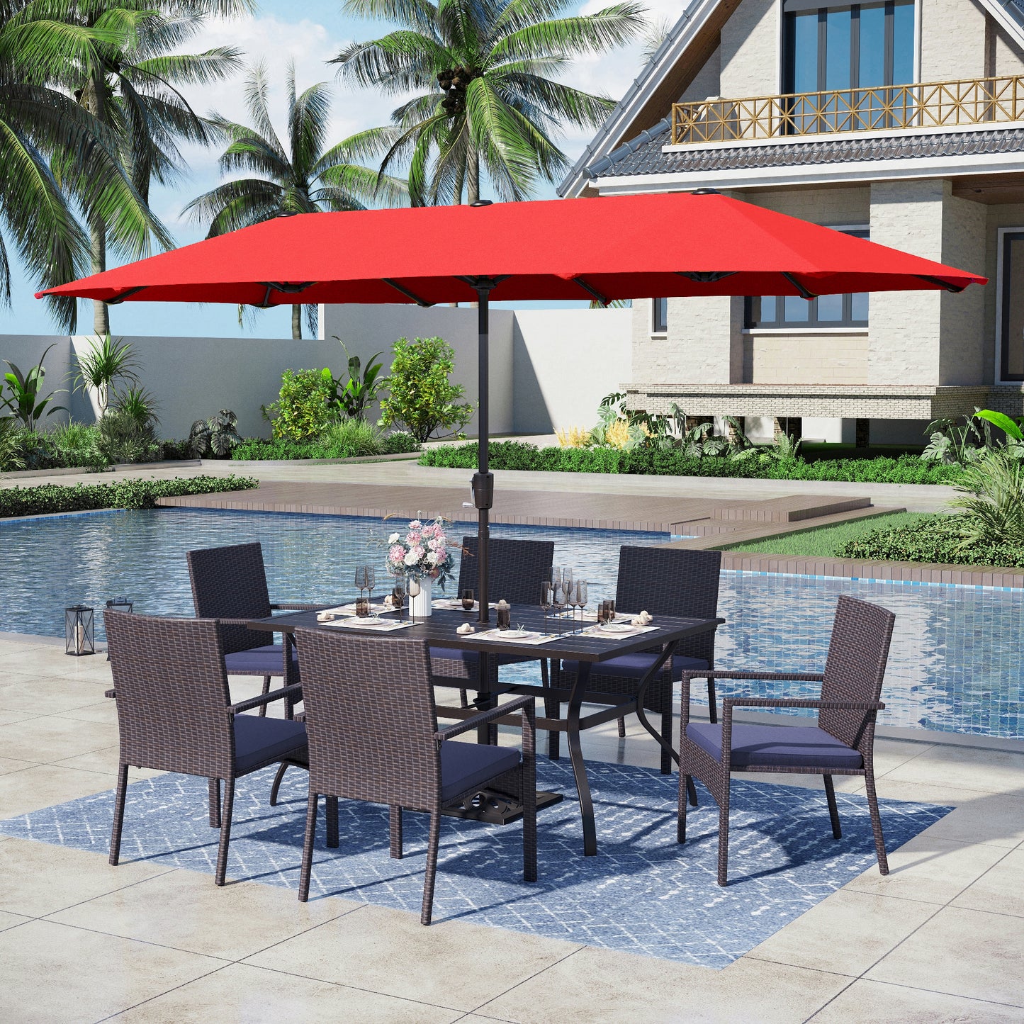 Captiva Designs 8pc Patio Slat-top Steel Dining Table & Haiti Rattan Chairs & Market Umbrella