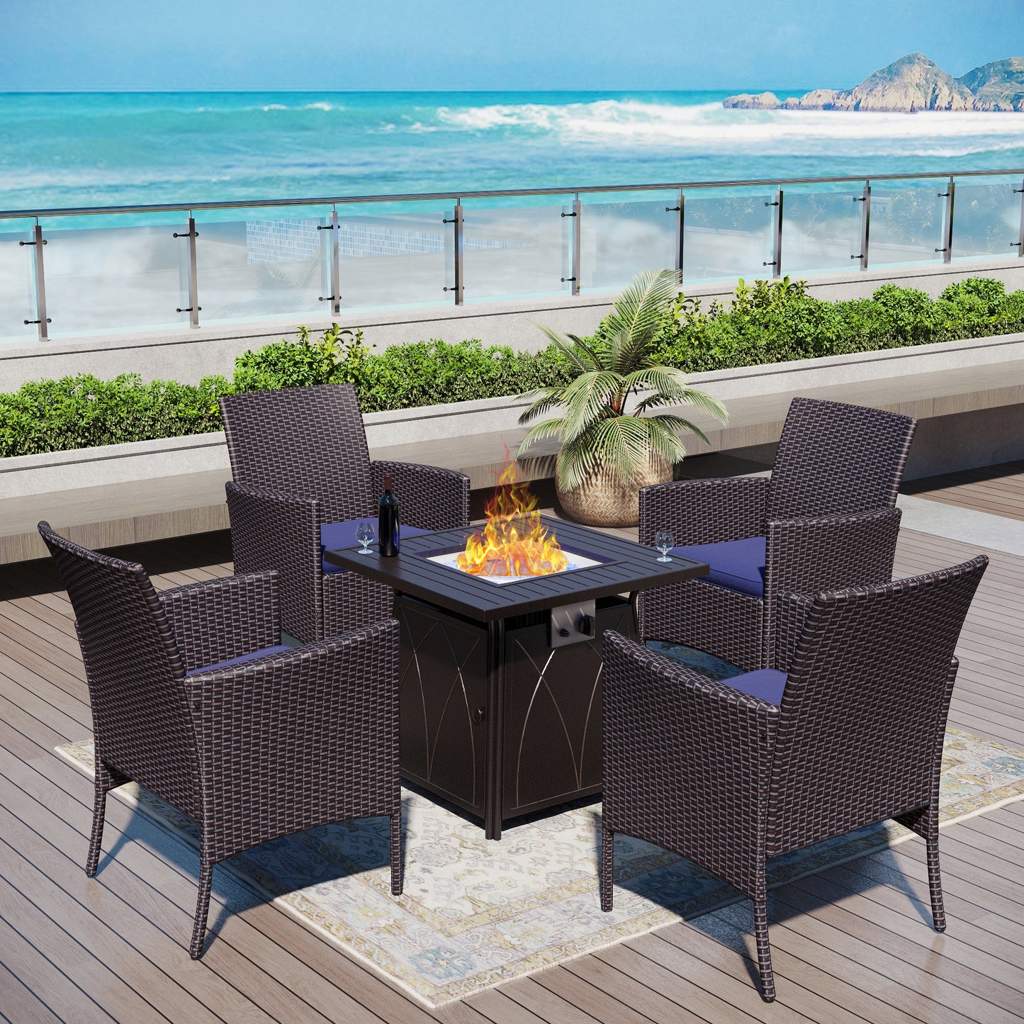 Captiva Designs 5pc Patio Dining Square Steel Fire Pit Table & Armrest Metal Frame Chairs