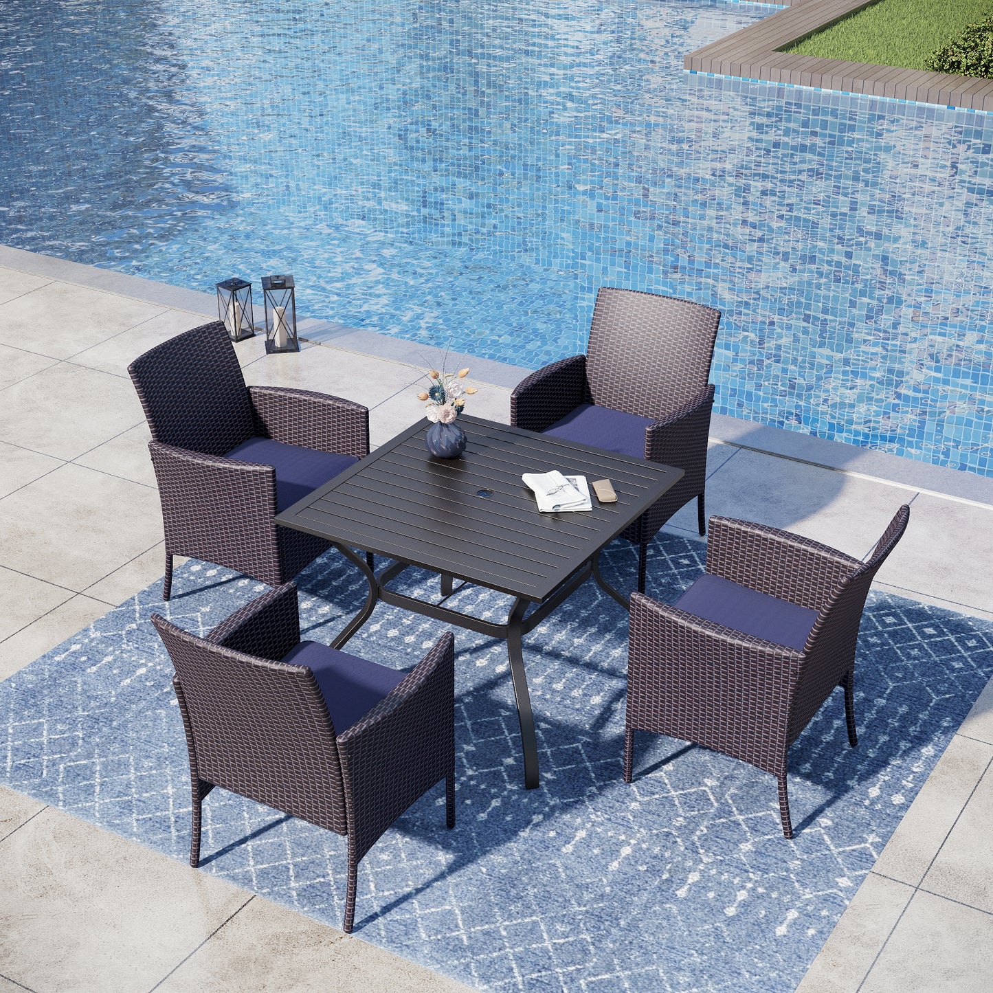Captiva Designs 5pc Patio Dining Set Steel Frame Table with Umbrella Hole & Rattan Chairs with Removable Cushions