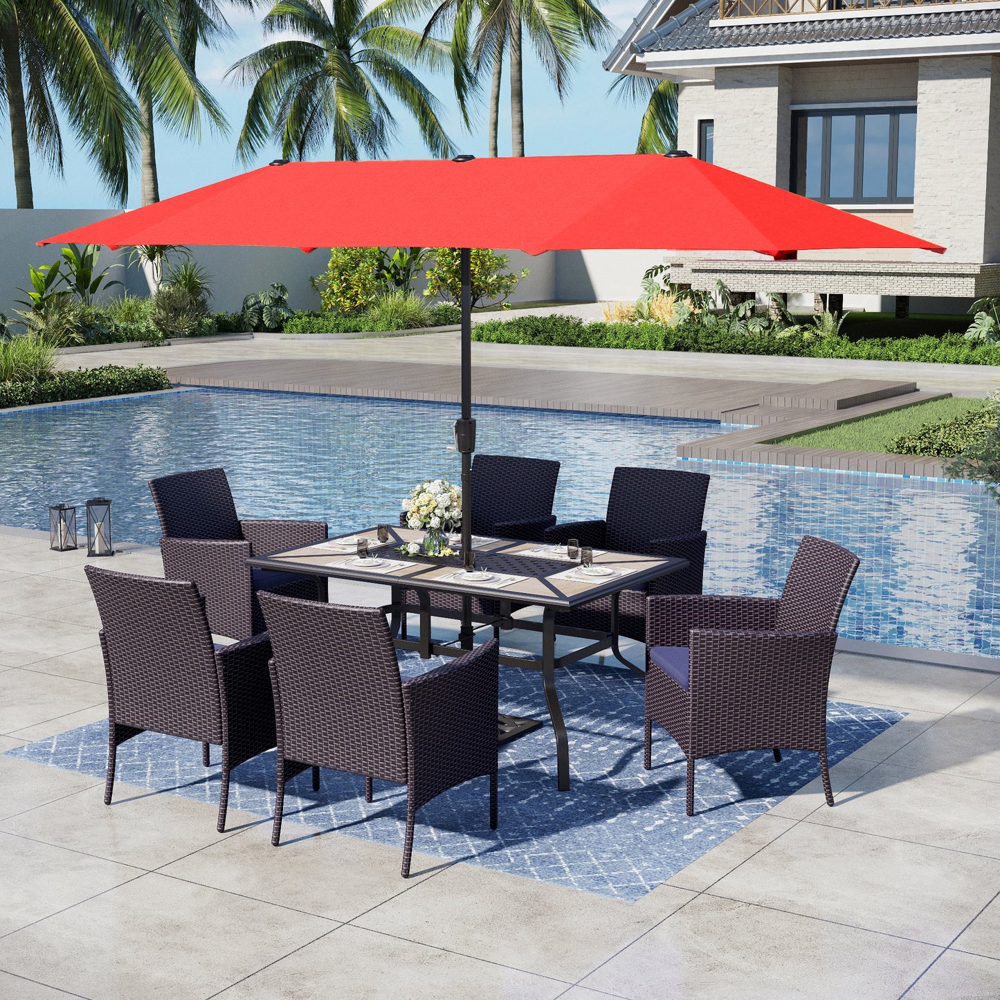 Captiva Designs 8pc Patio Wood-look Rectangle Metal Dining Table & Rattan Chairs & Market Umbrella