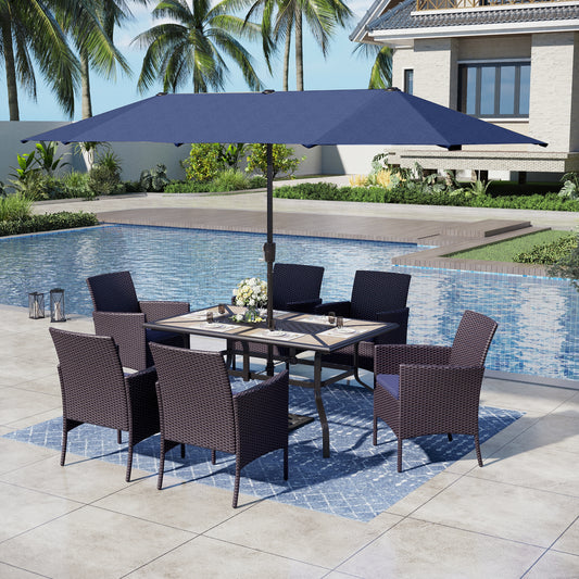 Captiva Designs 8pc Patio Wood-look Rectangle Metal Dining Table & Rattan Chairs & Market Umbrella