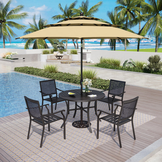 Captiva Designs 6pc Outdoor Slat-top Round Metal Dining Table & Stackable Metal Chairs & Beige Umbrella