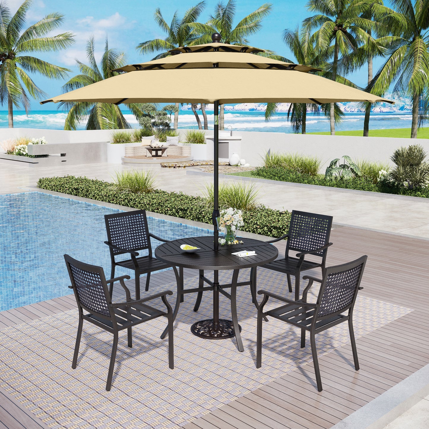 Captiva Designs 6pc Outdoor Patio Steel Frame Dining Table & Armrest Chairs & Market Umbrella