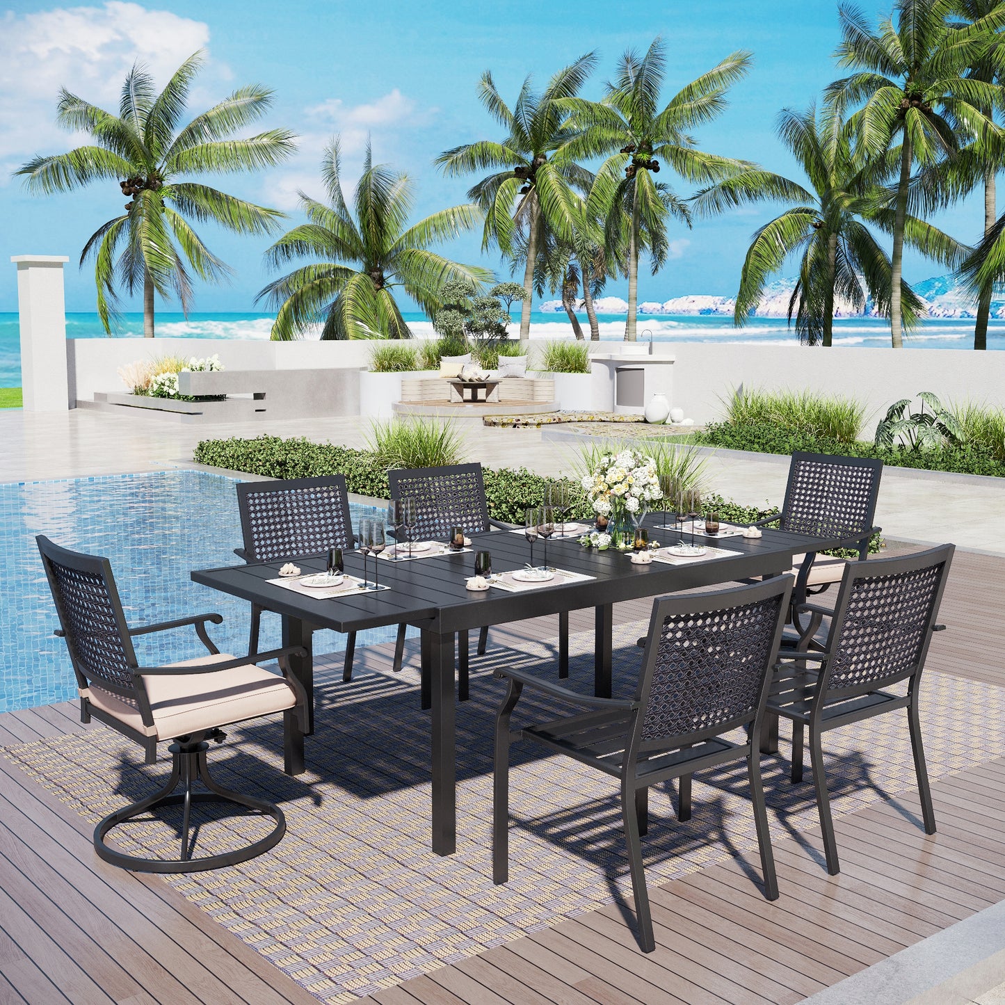 Captiva Designs 7pc Patio Dining Slat-top Expandable Rectangle Steel Table & Stylish Back Metal Chairs