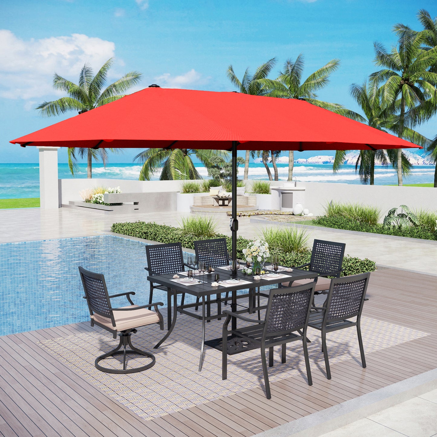 Captiva Designs 8pc Patio Dining Set with Rectangular Steel Table & Black Steel Chairs & Market Umbrella