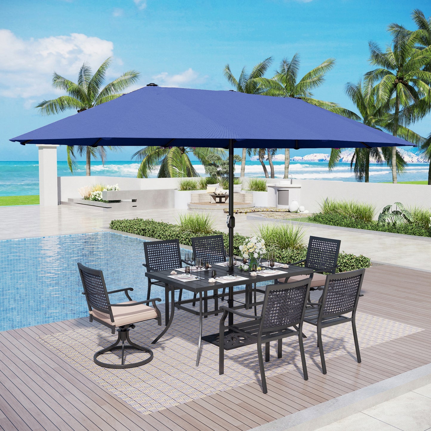 Captiva Designs 8pc Patio Dining Set with Rectangular Steel Table & Black Steel Chairs & Market Umbrella