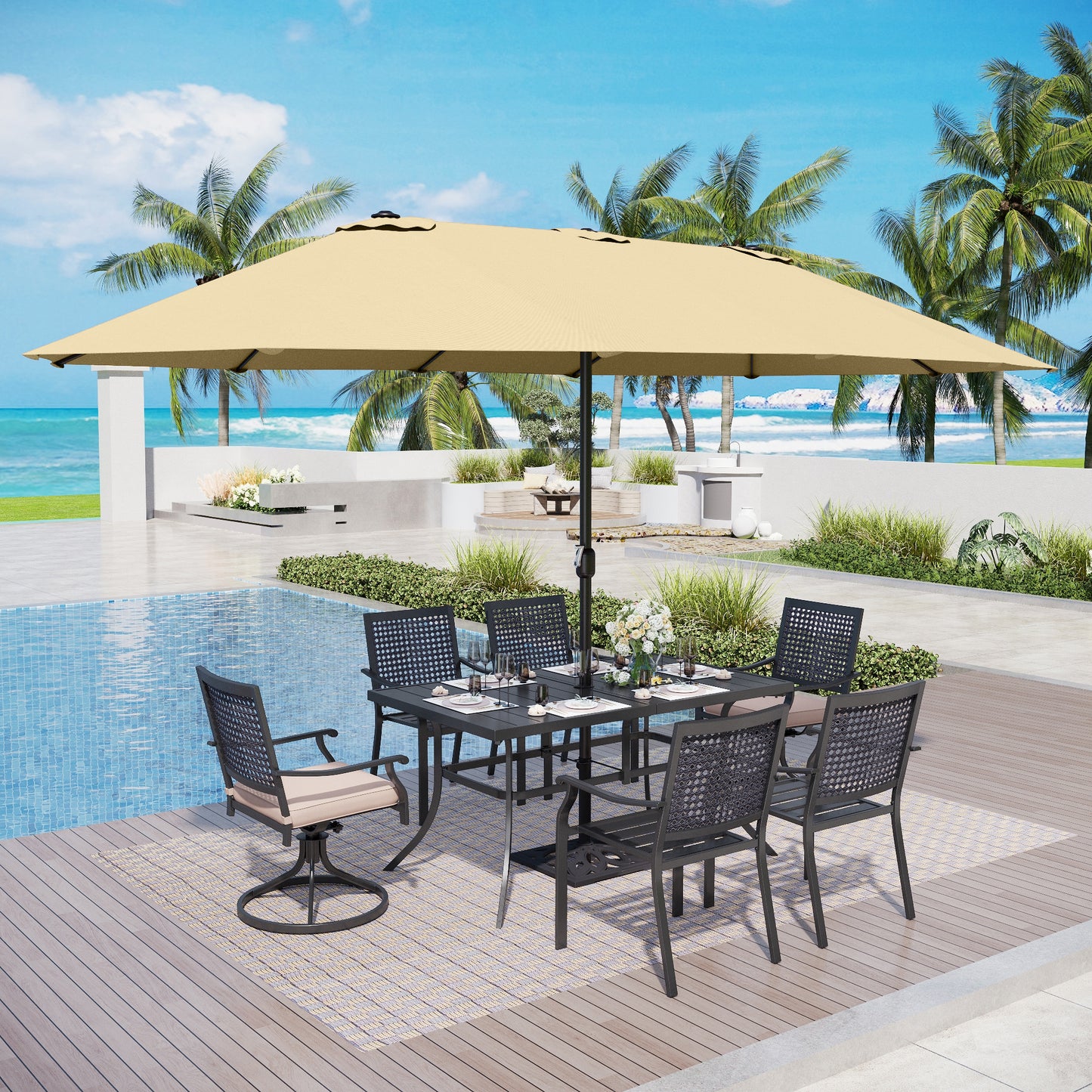 Captiva Designs 8pc Patio Dining Set with Rectangular Steel Table & Black Steel Chairs & Market Umbrella