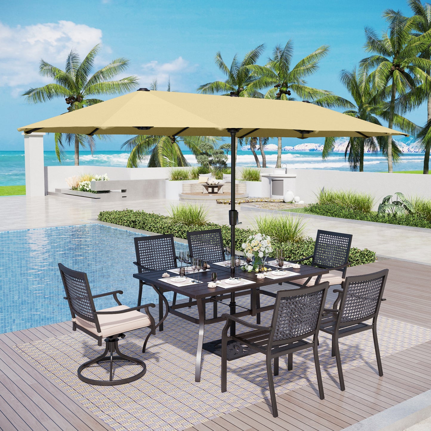 Captiva Designs 8pc Outdoor Rectangle Steel Dining Table & Metal Chairs & Market Umbrella