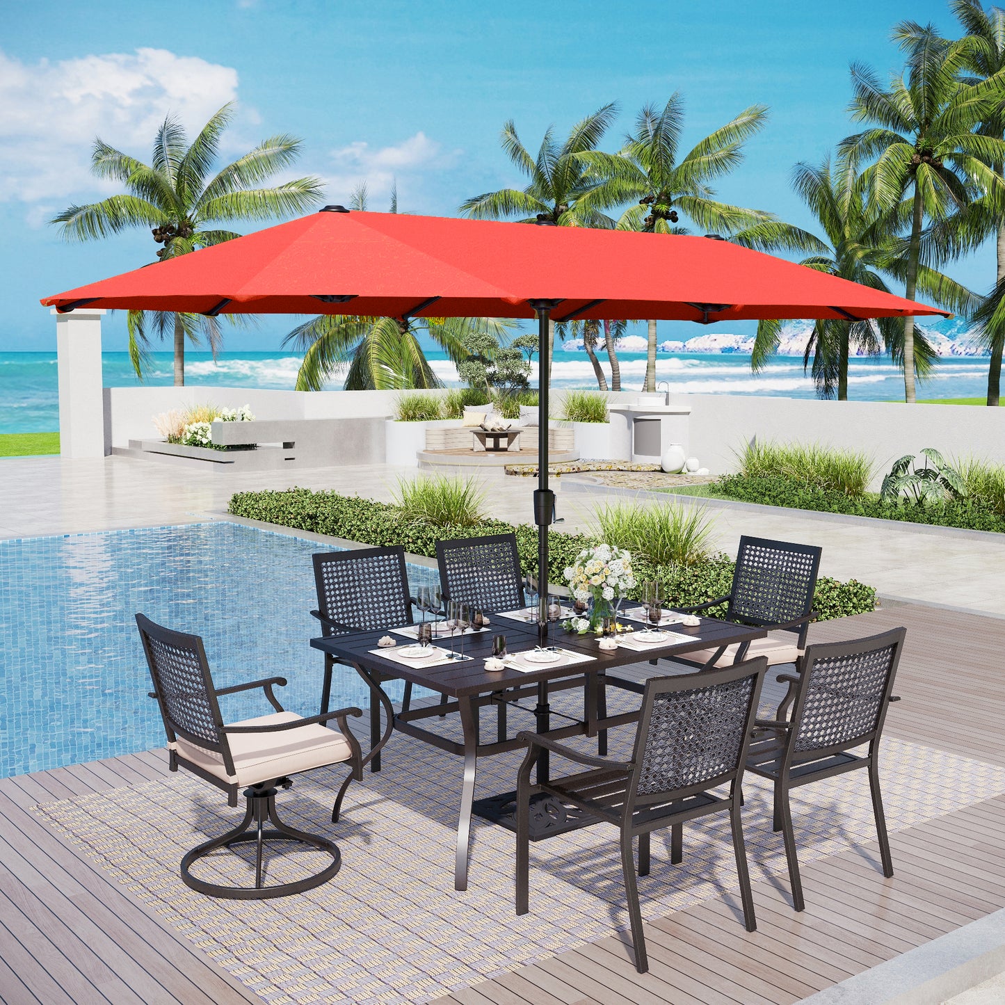 Captiva Designs 8pc Outdoor Rectangle Steel Dining Table & Metal Chairs & Market Umbrella