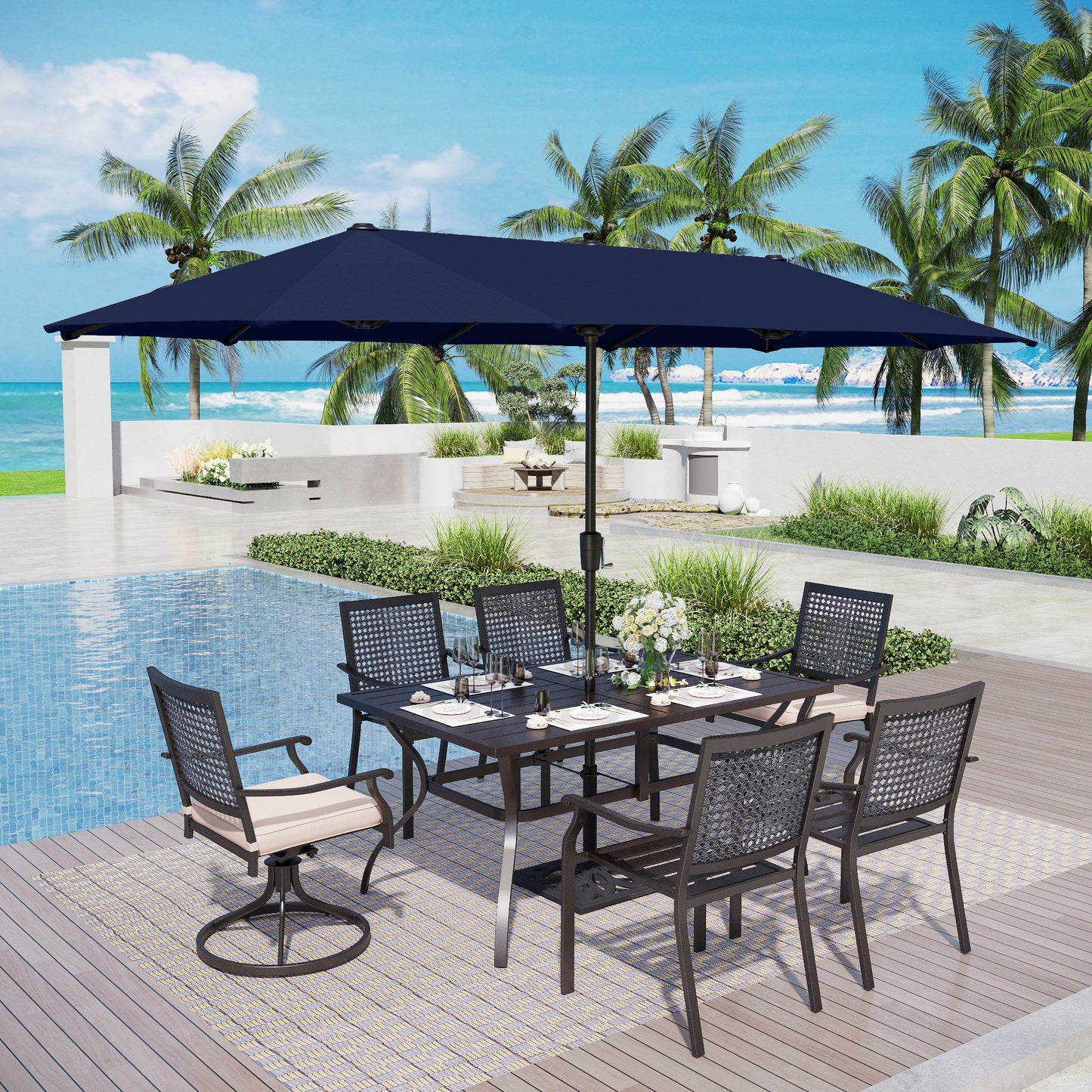 Captiva Designs 8pc Outdoor Rectangle Steel Dining Table & Metal Chairs & Market Umbrella