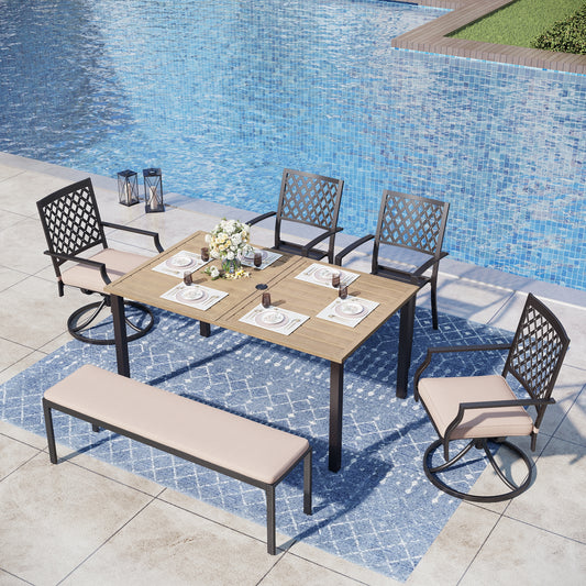 Captiva Designs 6pc Outdoor Patio Slat-top Steel Dining Table & Metal Chairs & Cushioned Bench