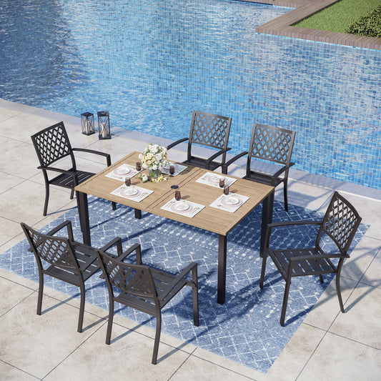 Captiva Designs 7pc Patio Wood-look Slatted Top Steel Table with Umbrella Hole & Metal Armrest Chairs