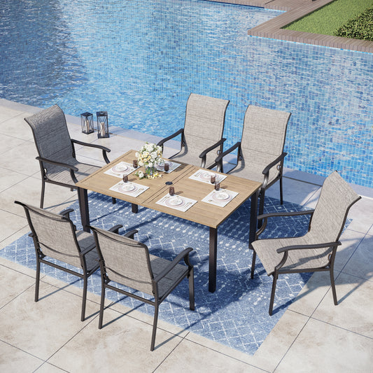 Captiva Designs 7pc Outdoor Dining Metal Rectangle Table with Umbrella Hole & Padded Sling Chairs