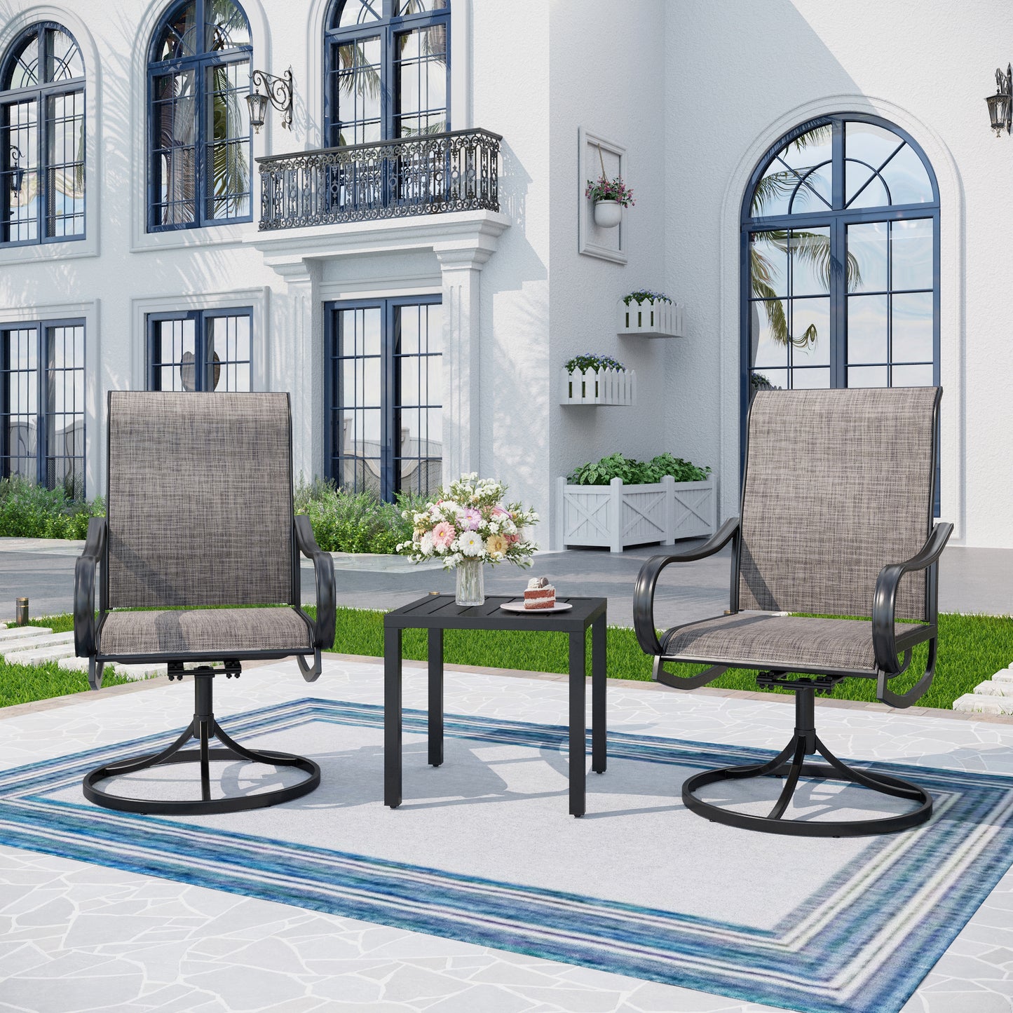 Captiva Designs 3pc Patio Square Dining Table & Grayish Brown Textilene Sling Swivel Chairs
