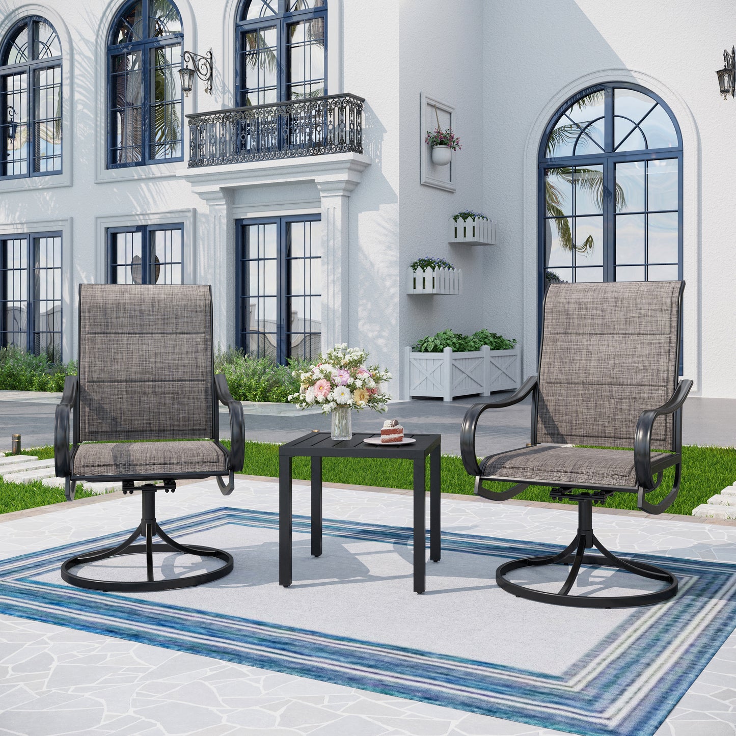 Captiva Designs 3pc Patio Square Dining Table & Grayish Brown Textilene Sling Swivel Chairs