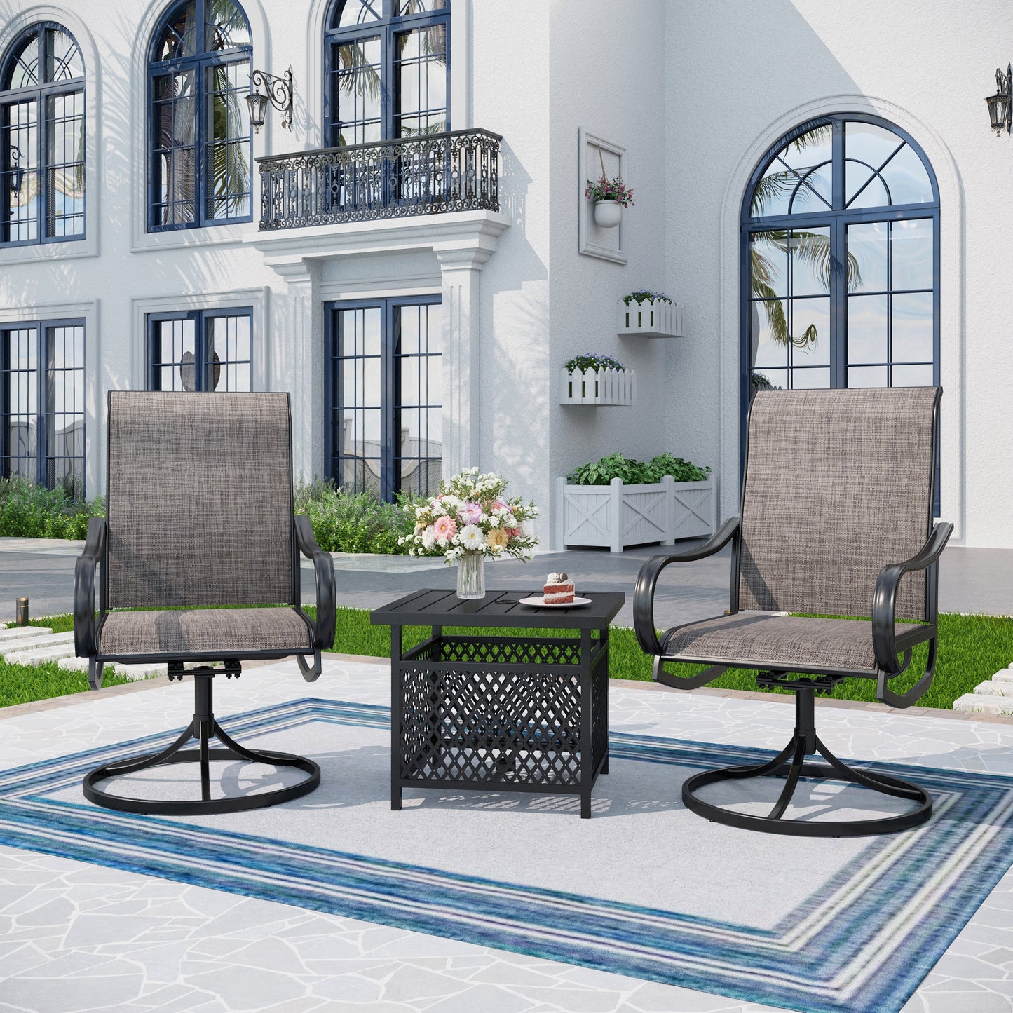 Captiva Designs 3pc Patio Square Dining Table & Grayish Brown Textilene Sling Swivel Chairs
