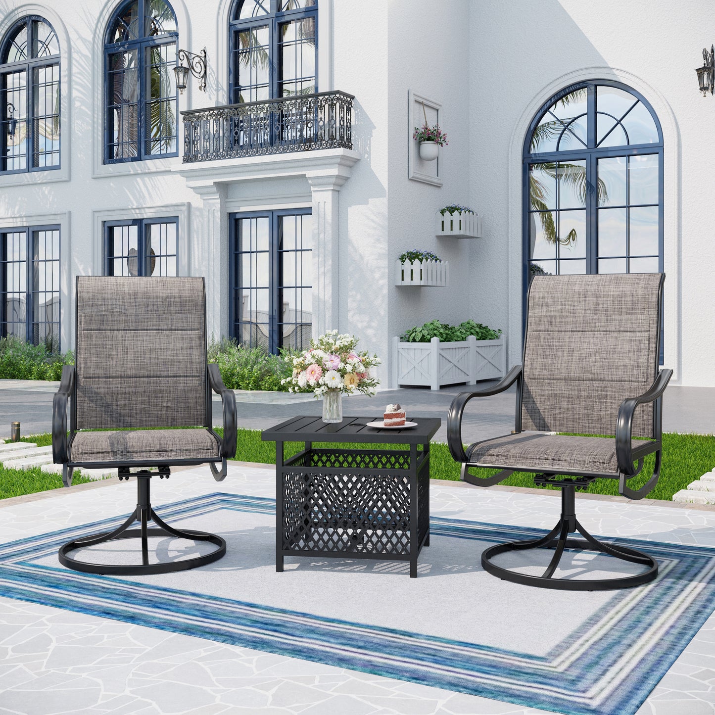Captiva Designs 3pc Patio Square Bistro Table & Grayish Brown Textilene Sling Swivel Chairs