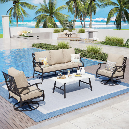 Captiva Designs 4pc Patio Outdoor Conversation Set with Swivel Grid-back Chairs for Garden, Poolside, Backyard