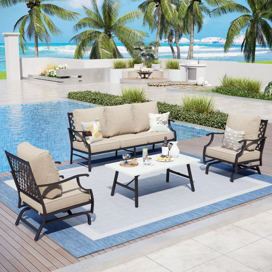 Captiva Designs 4pc Patio Outdoor Conversation Set with Rocking Grid-back Chairs for Garden, Poolside, Backyard
