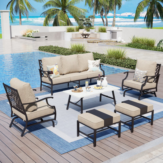 Captiva Designs 6pc Metal Patio Outdoor Conversation Set with Rocking Grid-back Chairs, Ottomans and Coffee Table