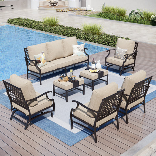 Captiva Designs 7pc Metal Patio Outdoor Conversation Set with Rocking Grid-back Chairs, Ottomans for Garden, Poolside, Backyard