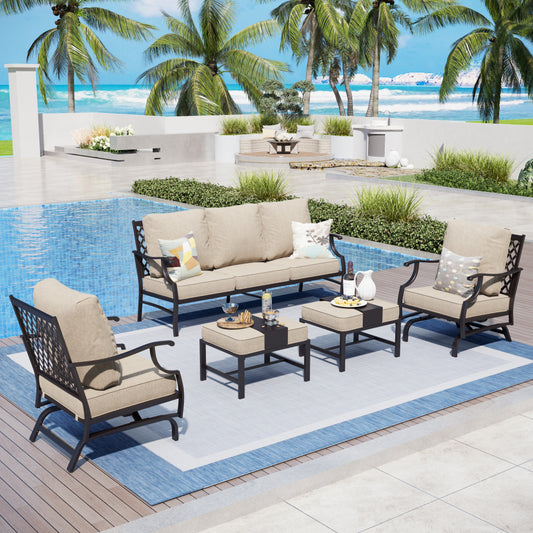 Captiva Designs 5pc Metal Patio Outdoor Conversation Set with Rocking Grid-back Chairs and Ottomans