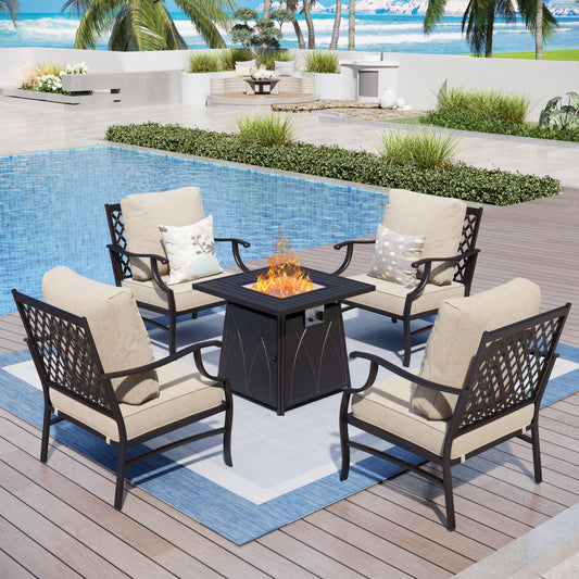Captiva Designs 5pc Metal Patio Outdoor Conversation Fire Pit Set with Grid-back Armchairs for Garden, Poolside, Backyard
