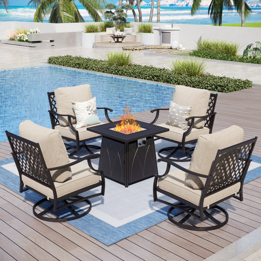 Captiva Designs 5pc Metal Patio Outdoor Conversation Fire Pit Set with Swivel Grid-back Armchairs for Garden, Poolside, Backyard